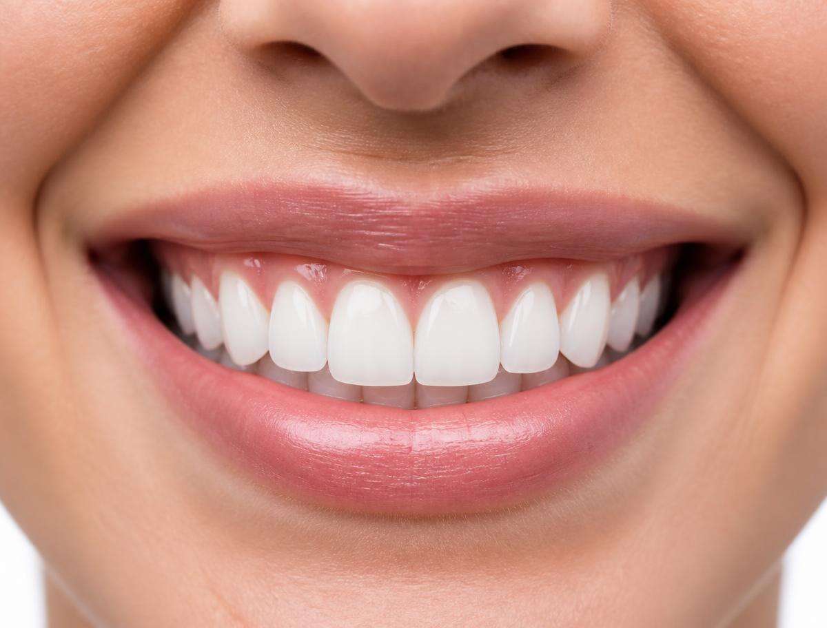 Close up of bright even white teeth after cosmetic dental treatment