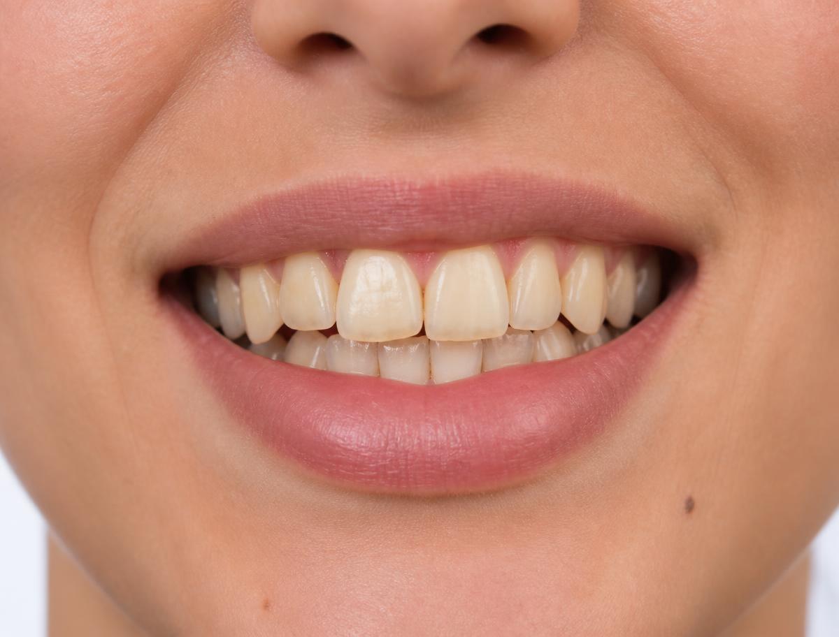 Close up of stained and uneven front teeth before cosmetic treatment